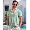imageCOOFANDY Mens Short Sleeve Knit Shirt Casual Button Down Shirt Vintage Striped Knitted Golf Beach TopsLight Green