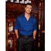 imageCOOFANDY Mens Silk Satin Dress Shirts Jacquard Long Sleeve Floral Button Up Shirts Party Prom Wedding ShirtBlue
