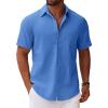 imageCOOFANDY Mens Button Down Short Sleeve Shirt Casual Cotton Summer Beach Linen Wedding Shirts with PocketOcean Blue
