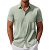 imageCOOFANDY Mens Cool Button Down Shirt Short Sleeve Summer Beach Shirts Linen Texture Casual Shirts with PocketLight Green
