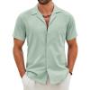 imageCOOFANDY Mens Cotton Linen Shirt Casual Button Down Short Sleeve Shirts Summer Cuban Vacation Beach Shirts with PocketLight Green
