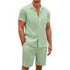 imageCOOFANDY Mens Short Sets 2 Piece Summer Beach Outfits Short Sleeve Shirts and Shorts Sets for MenLight Green