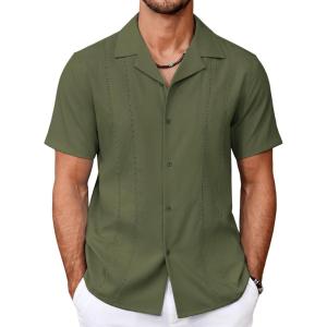 imageCOOFANDY Guayabera Shirts for Men Cuban Short Sleeve Button Down Summer Shirts Linen ShirtsArmy Green
