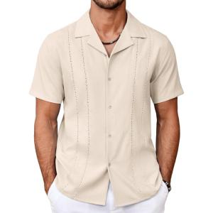 imageCOOFANDY Guayabera Shirts for Men Cuban Short Sleeve Button Down Summer Shirts Linen ShirtsBeige