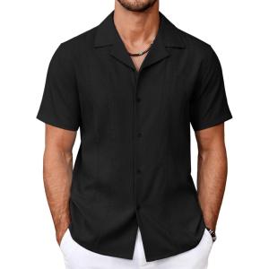 imageCOOFANDY Guayabera Shirts for Men Cuban Short Sleeve Button Down Summer Shirts Linen ShirtsBlack