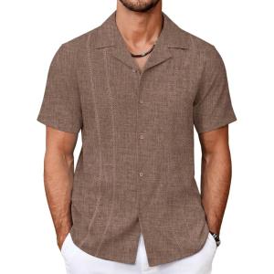 imageCOOFANDY Guayabera Shirts for Men Cuban Short Sleeve Button Down Summer Shirts Linen ShirtsBrown