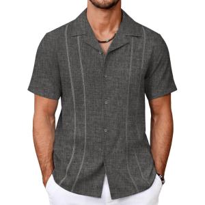 imageCOOFANDY Guayabera Shirts for Men Cuban Short Sleeve Button Down Summer Shirts Linen ShirtsDark Gray