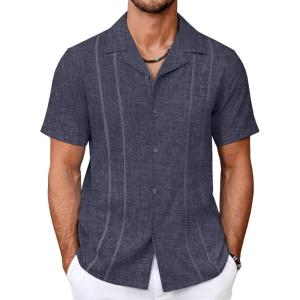 imageCOOFANDY Guayabera Shirts for Men Cuban Short Sleeve Button Down Summer Shirts Linen ShirtsDeep Blue