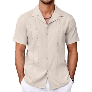imageCOOFANDY Guayabera Shirts for Men Cuban Short Sleeve Button Down Summer Shirts Linen ShirtsKhaki