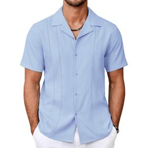 imageCOOFANDY Guayabera Shirts for Men Cuban Short Sleeve Button Down Summer Shirts Linen ShirtsLight Blue