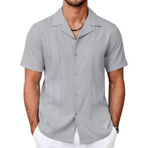 imageCOOFANDY Guayabera Shirts for Men Cuban Short Sleeve Button Down Summer Shirts Linen ShirtsLight Gray