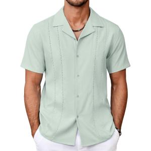 imageCOOFANDY Guayabera Shirts for Men Cuban Short Sleeve Button Down Summer Shirts Linen ShirtsLight Green