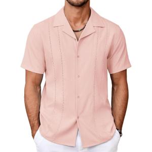 imageCOOFANDY Guayabera Shirts for Men Cuban Short Sleeve Button Down Summer Shirts Linen ShirtsLight Pink