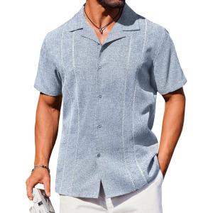 imageCOOFANDY Guayabera Shirts for Men Cuban Short Sleeve Button Down Summer Shirts Linen ShirtsNavy Blue