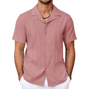 imageCOOFANDY Guayabera Shirts for Men Cuban Short Sleeve Button Down Summer Shirts Linen ShirtsPink