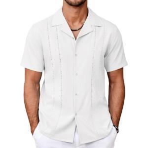 imageCOOFANDY Guayabera Shirts for Men Cuban Short Sleeve Button Down Summer Shirts Linen ShirtsWhite