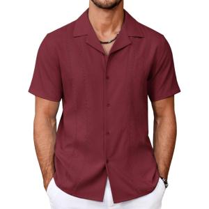 imageCOOFANDY Guayabera Shirts for Men Cuban Short Sleeve Button Down Summer Shirts Linen ShirtsWine Red
