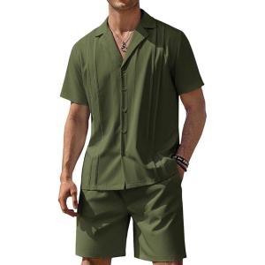 imageCOOFANDY Mens 2 Piece Short Set Guayabera Button Down Shirt Casual Summer Beach OutfitsArmy Green