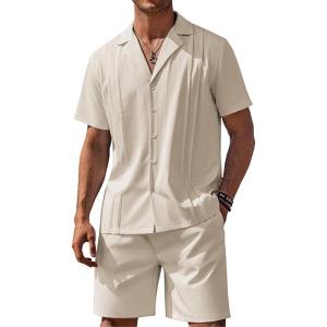 imageCOOFANDY Mens 2 Piece Short Set Guayabera Button Down Shirt Casual Summer Beach OutfitsBeige