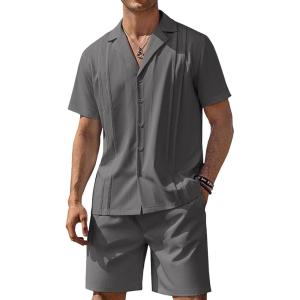 imageCOOFANDY Mens 2 Piece Short Set Guayabera Button Down Shirt Casual Summer Beach OutfitsDark Grey