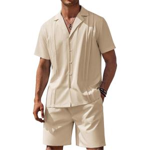 imageCOOFANDY Mens 2 Piece Short Set Guayabera Button Down Shirt Casual Summer Beach OutfitsKhaki
