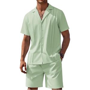 imageCOOFANDY Mens 2 Piece Short Set Guayabera Button Down Shirt Casual Summer Beach OutfitsLight Green