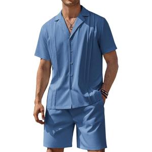 imageCOOFANDY Mens 2 Piece Short Set Guayabera Button Down Shirt Casual Summer Beach OutfitsRoyal Blue
