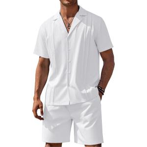 imageCOOFANDY Mens 2 Piece Short Set Guayabera Button Down Shirt Casual Summer Beach OutfitsWhite