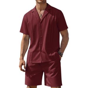 imageCOOFANDY Mens 2 Piece Short Set Guayabera Button Down Shirt Casual Summer Beach OutfitsWine Red
