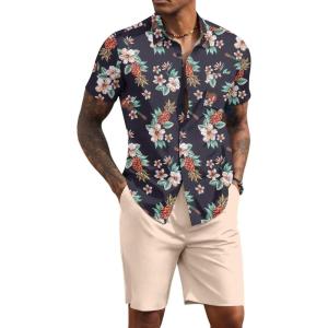 imageCOOFANDY Mens 2 Piece Summer Beach Outfits Tropical Short Sleeve Button Down Shirts and Shorts Hawaiian Vacation SetsBlack Flower