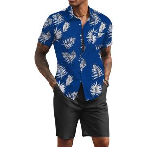 imageCOOFANDY Mens 2 Piece Summer Beach Outfits Tropical Short Sleeve Button Down Shirts and Shorts Hawaiian Vacation SetsBlue White Leaf