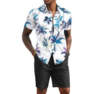 imageCOOFANDY Mens 2 Piece Summer Beach Outfits Tropical Short Sleeve Button Down Shirts and Shorts Hawaiian Vacation SetsBlue White Tropical