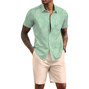 imageCOOFANDY Mens 2 Piece Summer Beach Outfits Tropical Short Sleeve Button Down Shirts and Shorts Hawaiian Vacation SetsLight Green Leaf