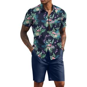 imageCOOFANDY Mens 2 Piece Summer Beach Outfits Tropical Short Sleeve Button Down Shirts and Shorts Hawaiian Vacation SetsNavy Green Leaf