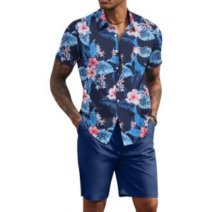 imageCOOFANDY Mens 2 Piece Summer Beach Outfits Tropical Short Sleeve Button Down Shirts and Shorts Hawaiian Vacation SetsNavy Tropical Floral