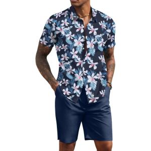 imageCOOFANDY Mens 2 Piece Summer Beach Outfits Tropical Short Sleeve Button Down Shirts and Shorts Hawaiian Vacation SetsNavy White Flower