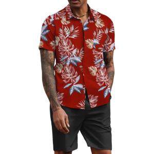 imageCOOFANDY Mens 2 Piece Summer Beach Outfits Tropical Short Sleeve Button Down Shirts and Shorts Hawaiian Vacation SetsRed Tropical Leaf