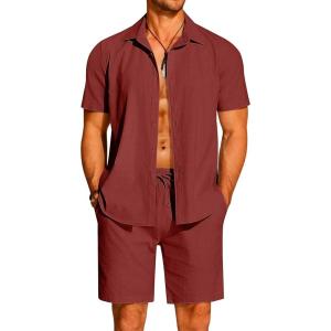 imageCOOFANDY Mens 2 Pieces Cotton Linen Set Short Sleeve Button Down Shirts Summer Beach Shorts Casual OutfitsCrimson
