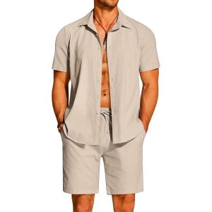 imageCOOFANDY Mens 2 Pieces Cotton Linen Set Short Sleeve Button Down Shirts Summer Beach Shorts Casual OutfitsMoon Gray