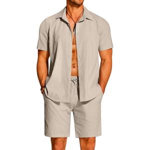 imageCOOFANDY Mens 2 Pieces Cotton Linen Set Short Sleeve Button Down Shirts Summer Beach Shorts Casual OutfitsShallow Coffee