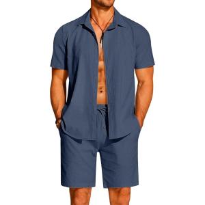 imageCOOFANDY Mens 2 Pieces Cotton Linen Set Short Sleeve Button Down Shirts Summer Beach Shorts Casual OutfitsViolets