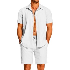 imageCOOFANDY Mens 2 Pieces Cotton Linen Set Short Sleeve Button Down Shirts Summer Beach Shorts Casual OutfitsWhite