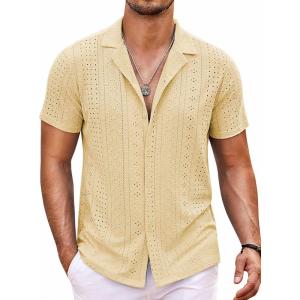 imageCOOFANDY Mens Beach Shirt Short Sleeve Button Down Shirts Casual Cuban Collared Summer Vacation Tropical ShirtsLight Yellow