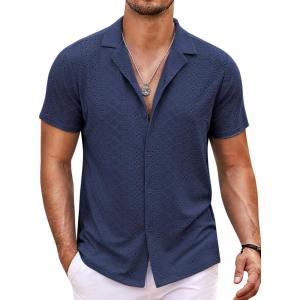 imageCOOFANDY Mens Beach Shirt Short Sleeve Button Down Shirts Casual Cuban Collared Summer Vacation Tropical ShirtsNavy Blue