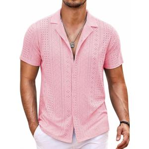 imageCOOFANDY Mens Beach Shirt Short Sleeve Button Down Shirts Casual Cuban Collared Summer Vacation Tropical ShirtsPink