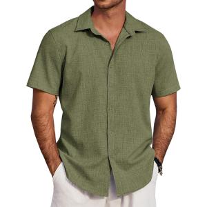 imageCOOFANDY Mens Beach Summer Shirts Linen Texture Shirts Short Sleeve Casual Button Down ShirtArmy Green