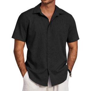 imageCOOFANDY Mens Beach Summer Shirts Linen Texture Shirts Short Sleeve Casual Button Down ShirtBlack