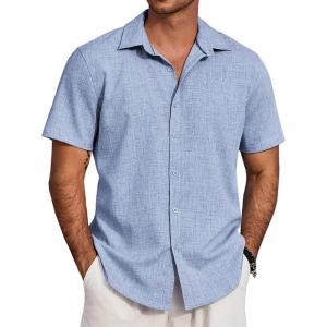imageCOOFANDY Mens Beach Summer Shirts Linen Texture Shirts Short Sleeve Casual Button Down ShirtClassic Blue
