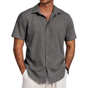 imageCOOFANDY Mens Beach Summer Shirts Linen Texture Shirts Short Sleeve Casual Button Down ShirtDark Gray
