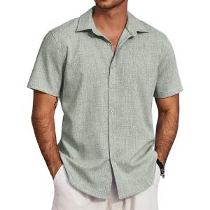 imageCOOFANDY Mens Beach Summer Shirts Linen Texture Shirts Short Sleeve Casual Button Down ShirtLight Green